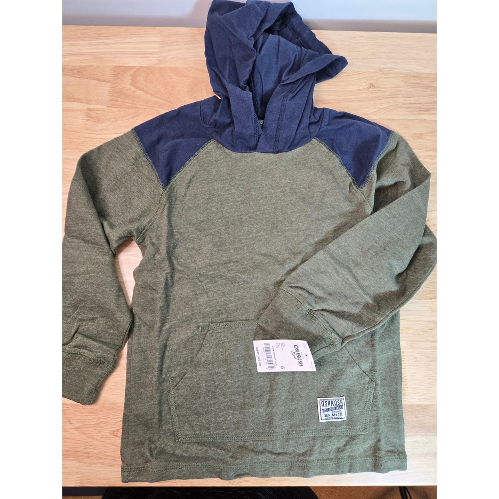 OshKosh Bgosh Boys Olive Green Navy Blue Colorblock Hooded Tee Shirt Size 6 NWT